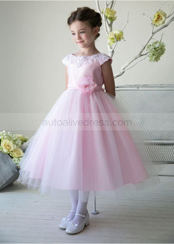 Cap Sleeves Satin Tulle Tea Length Flower Girl Dress With Flower Sash